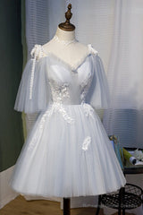 Grey V-neckline Straps Knee Length Homecoming Dress, Grey Short Prom Dress