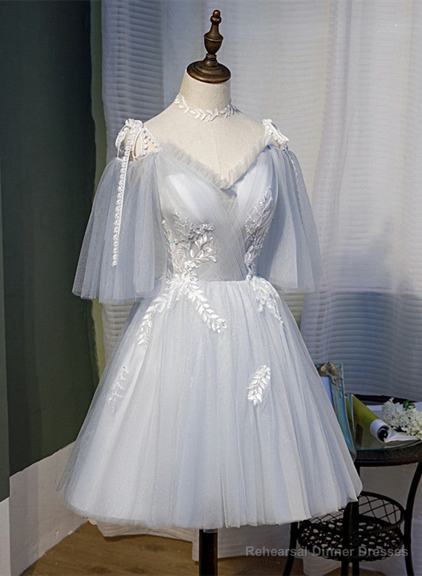 Grey V-neckline Straps Knee Length Homecoming Dress, Grey Short Prom Dress Secondary image