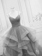 Grey V-neckline Tulle Long Formal Dress, Grey Sweetheart 16 Dress