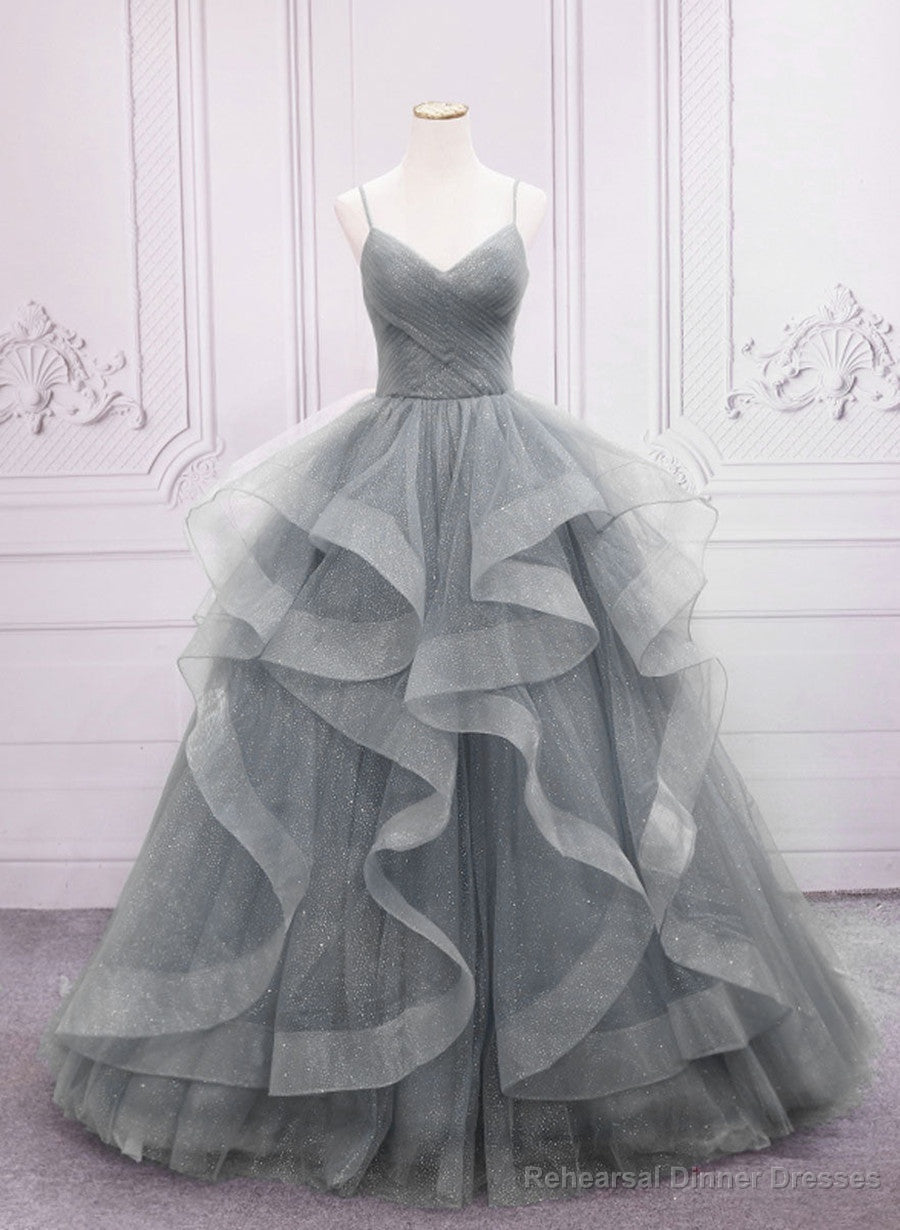 Grey V-neckline Tulle Long Formal Dress, Grey Sweetheart 16 Dress Main image