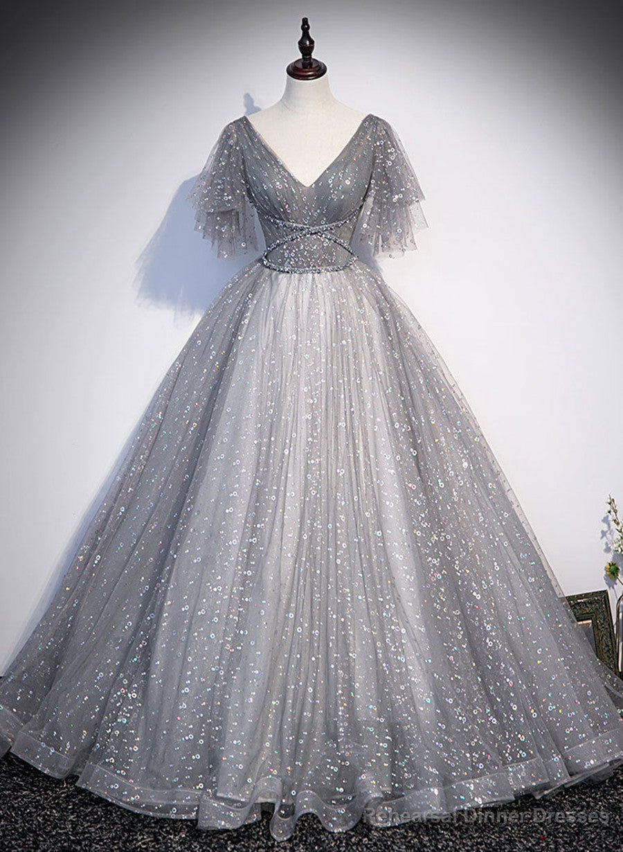 Grey V-neckline Tulle Low Back Long Prom Dress, Grey Formal Dress Party Dress Secondary image