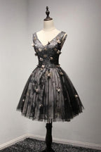 V Neck Short Black Lace Homecoming Prom Dresses, Short Party Prom Dresses