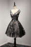 V Neck Short Black Lace Homecoming Prom Dresses, Short Party Prom Dresses
