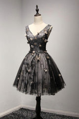 V Neck Short Black Lace Homecoming Prom Dresses, Short Party Prom Dresses