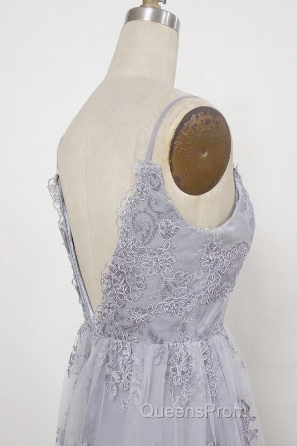 Spaghetti Straps Long Lace Evening Prom Gown, A Line V Neck Sleeveless Formal Dress