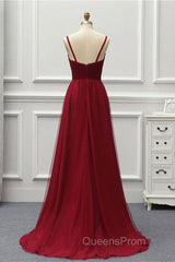 A Line High Low Tulle Evening Prom Dress with Train, Burgundy V Neck Backless Formal Dress