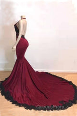 Burgundy Halter Deep V Neck Mermaid Evening Prom Dress with Lace, Long Evening Gown