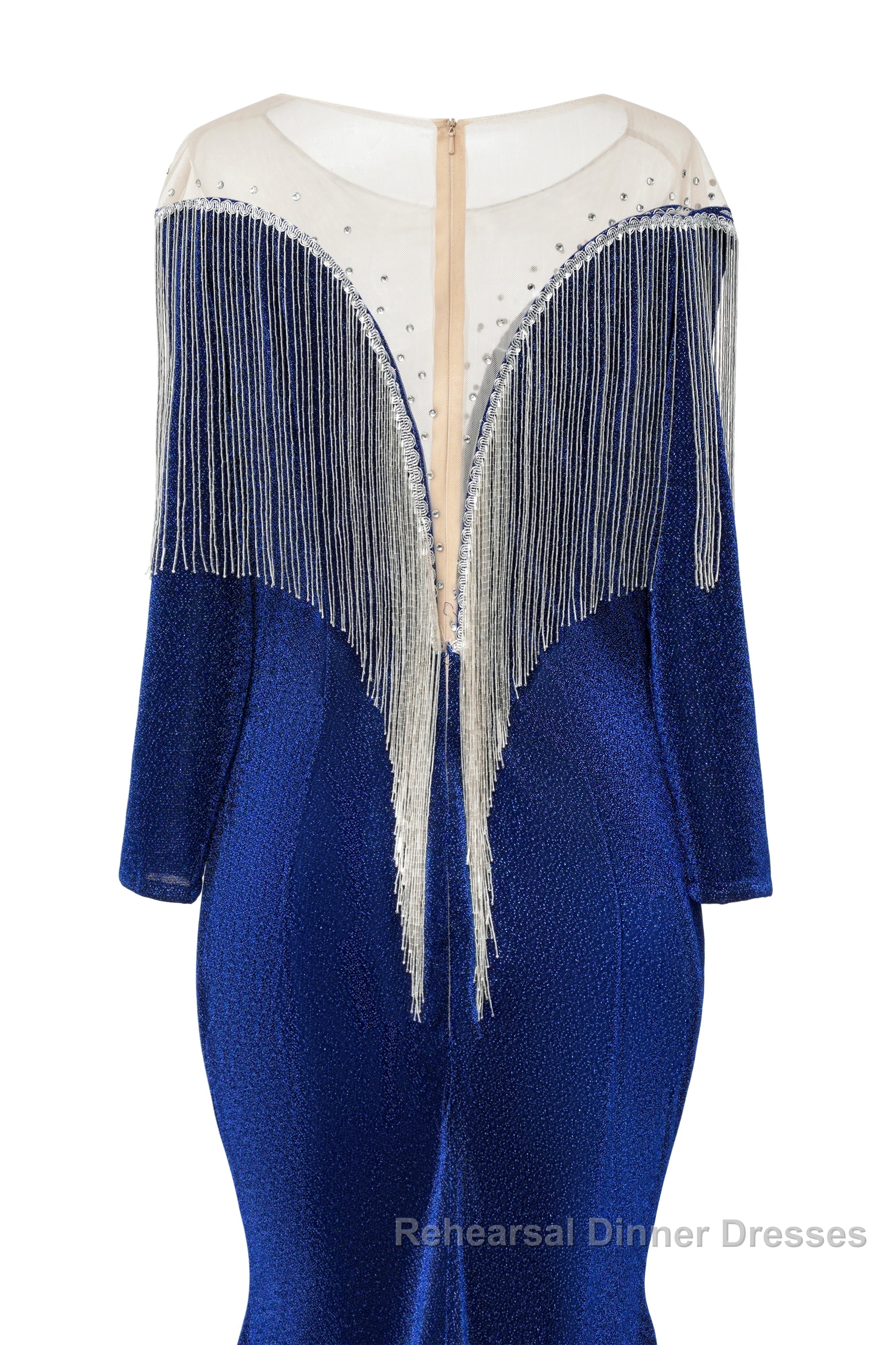 Deep V-neck Shiny Royal Blue Long sleeves Mermaid Semi Formal Prom Dresses