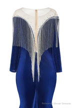 Deep V-neck Shiny Royal Blue Prom Dresses Long sleeves Mermaid Evening Party Dresses
