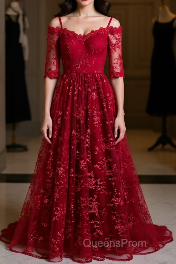 Half Sleeves Burgundy Lace Evening Prom Dress, Wine Red Half Sleeves Long Lace Formal Evening Dress Main image