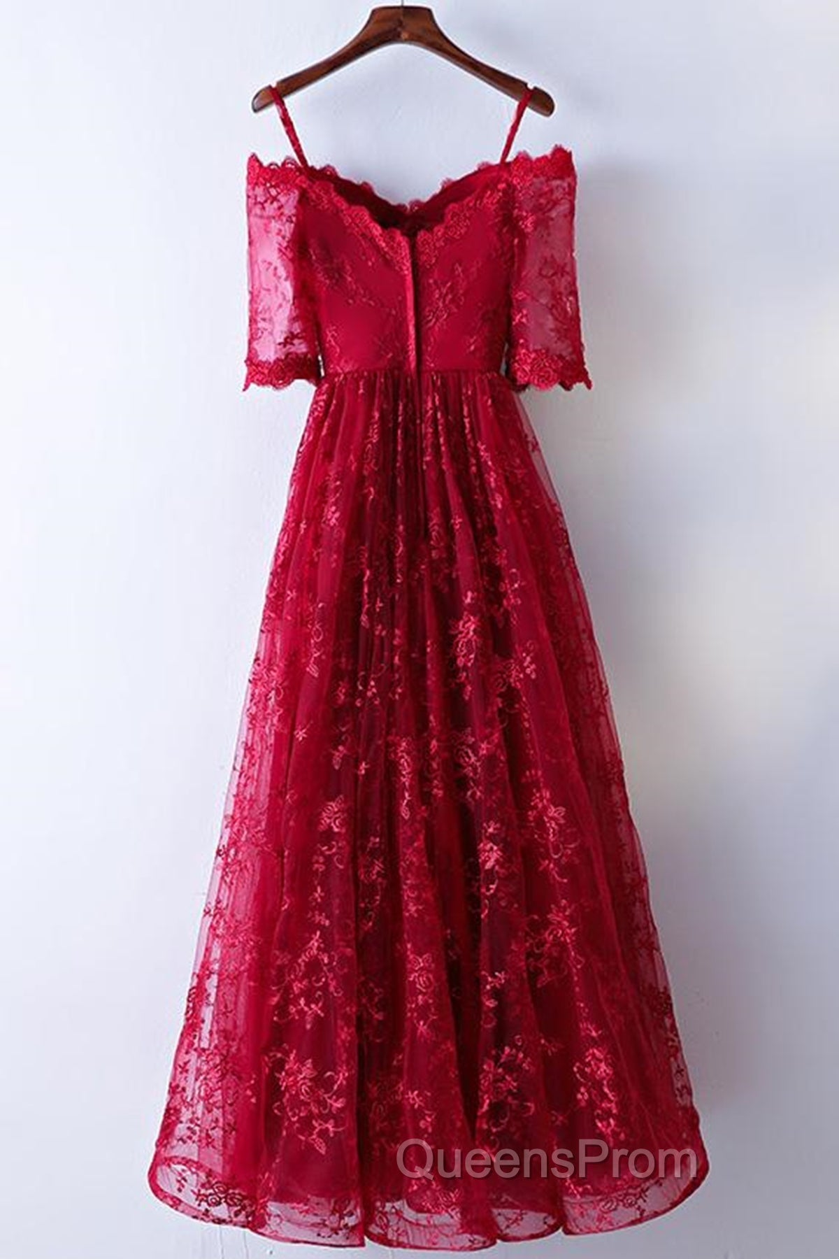 Half Sleeves Burgundy Lace Evening Prom Dress, Wine Red Half Sleeves Long Lace Formal Evening Dress Secondary image
