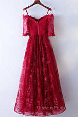 Half Sleeves Burgundy Lace Evening Prom Dress, Wine Red Half Sleeves Long Lace Formal Evening Dress