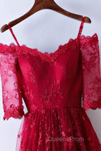 Half Sleeves Burgundy Lace Evening Prom Dress, Wine Red Half Sleeves Long Lace Formal Evening Dress