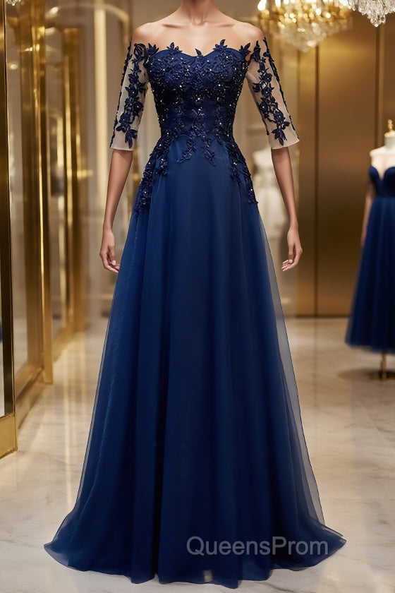 Half Sleeves Navy Blue Long Lace Evening Prom Dress, Dark Navy Blue Long Lace Formal Bridesmaid Dress Main image