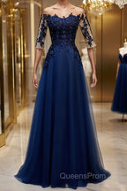 Half Sleeves Navy Blue Long Lace Evening Prom Dress, Dark Navy Blue Long Lace Formal Bridesmaid Dress