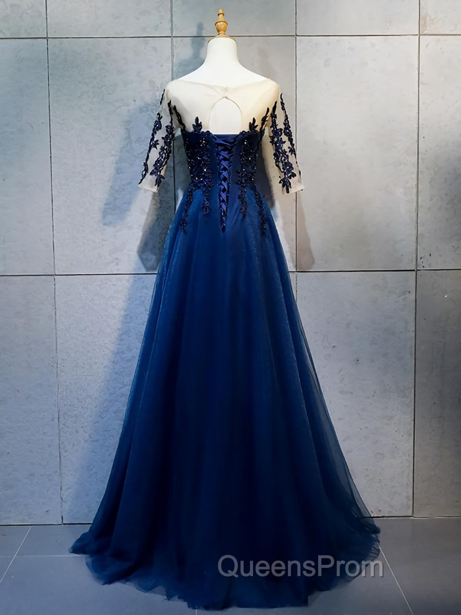 Half Sleeves Navy Blue Long Lace Evening Prom Dress, Dark Navy Blue Long Lace Formal Bridesmaid Dress Secondary image