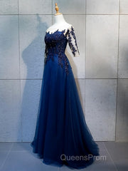 Half Sleeves Navy Blue Long Lace Evening Prom Dress, Dark Navy Blue Long Lace Formal Bridesmaid Dress