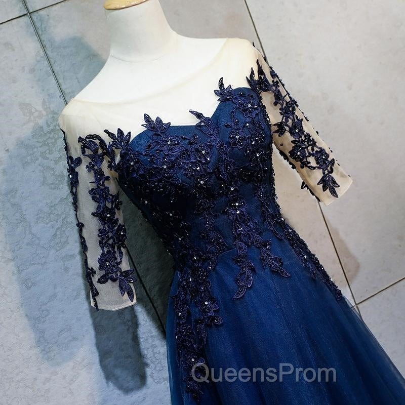 Half Sleeves Navy Blue Long Lace Evening Prom Dress, Dark Navy Blue Long Lace Formal Bridesmaid Dress