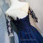 Half Sleeves Navy Blue Long Lace Evening Prom Dress, Dark Navy Blue Long Lace Formal Bridesmaid Dress