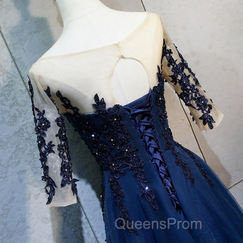 Half Sleeves Navy Blue Long Lace Evening Prom Dress, Dark Navy Blue Long Lace Formal Bridesmaid Dress