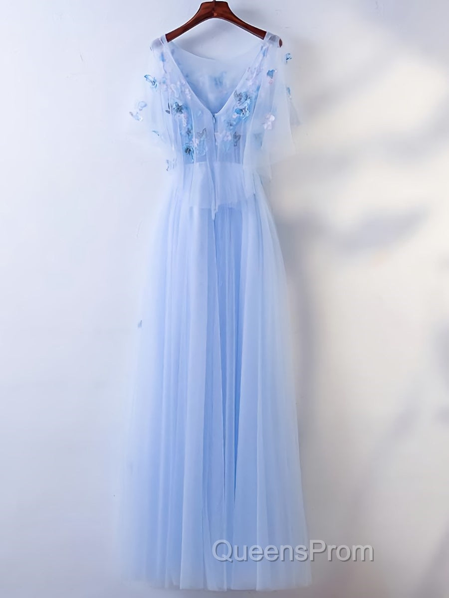 Half Sleeves Round Neck Blue Floral Long Evening Prom Dress, Blue Long Formal Evening Dress with Flower Secondary image