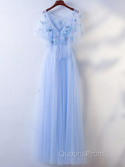 Half Sleeves Round Neck Blue Floral Long Evening Prom Dress, Blue Long Formal Evening Dress with Flower