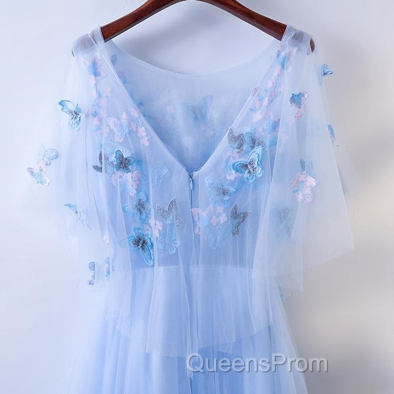 Half Sleeves Round Neck Blue Floral Long Evening Prom Dress, Blue Long Formal Evening Dress with Flower