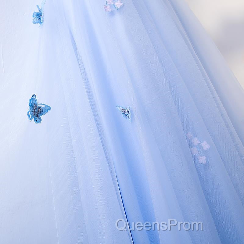 Half Sleeves Round Neck Blue Floral Long Evening Prom Dress, Blue Long Formal Evening Dress with Flower