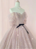 Half Sleeves Shiny Pink Prom Dresses, Shiny Pink Long Formal Evening Dresses