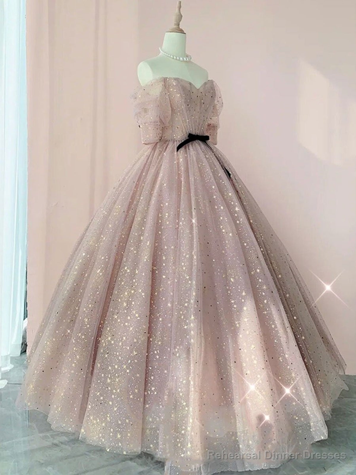 Half Sleeves Shiny Pink Prom Dresses, Shiny Pink Long Formal Evening Dresses Main image