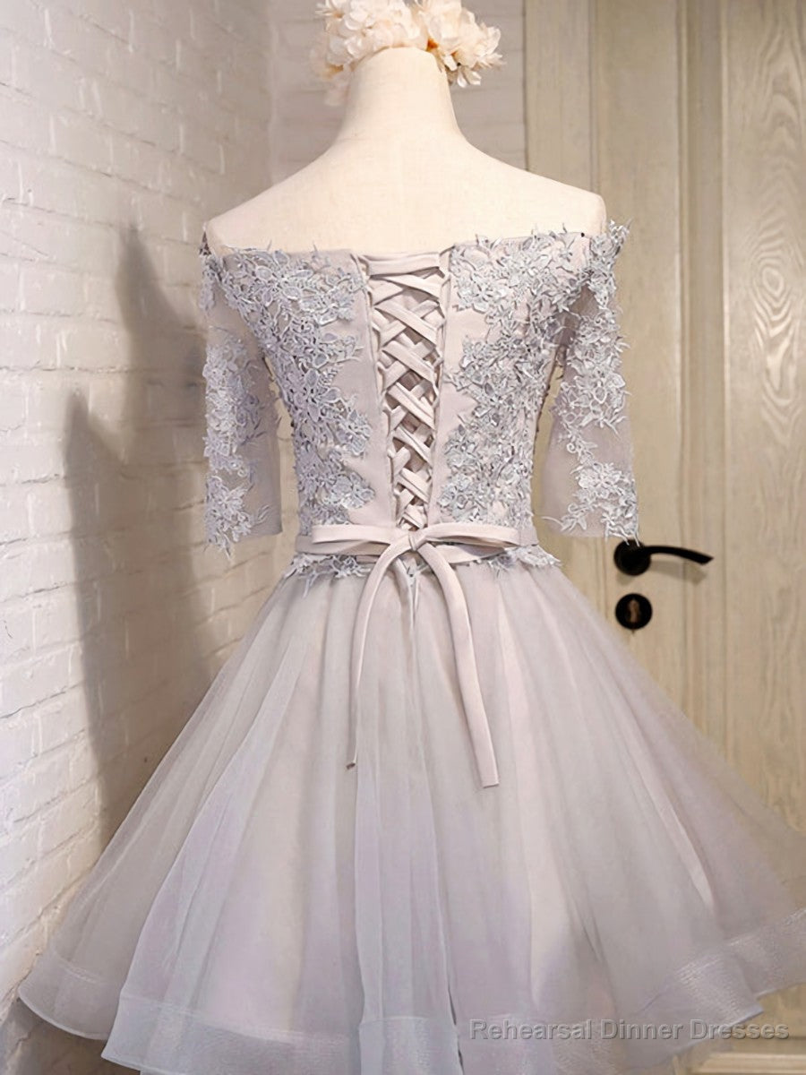 Half Sleeves Short Gray/Blue Lace Prom Dresses, Short Gray/Blue Lace Homecoming Bridesmaid Dresses Secondary image
