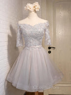 Half Sleeves Short Lace Evening Prom Dress, Short Lace Homecoming Bridesmaid Dress