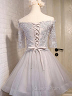 Half Sleeves Short Lace Evening Prom Dress, Short Lace Homecoming Bridesmaid Dress
