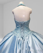 Halter Beaded Sky Blue Satin Ball Gown Quinceaera Dress