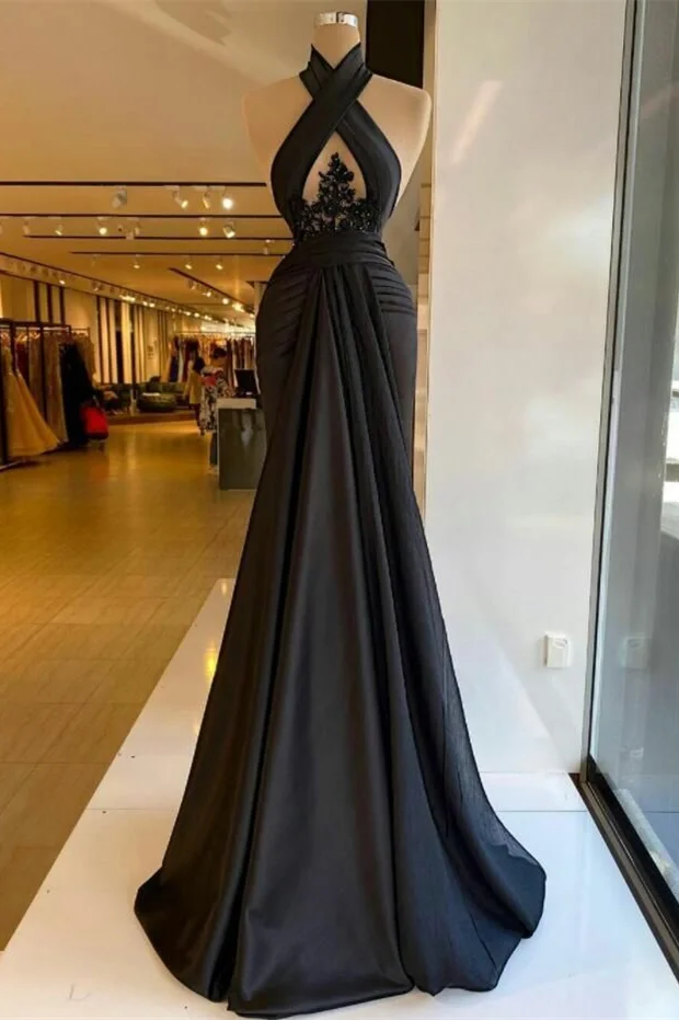 Halter Black Keyhole A-Line Satin Floor Length Prom Dresses Main image