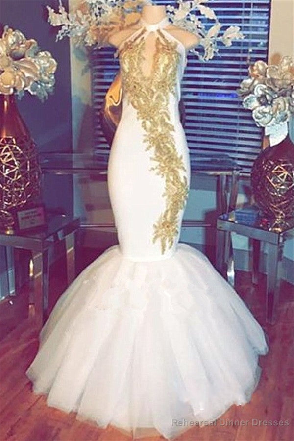 Halter Gold Beads Mermaid Prom Dresses Sleeveless White Evening Gown With Appliques Secondary image