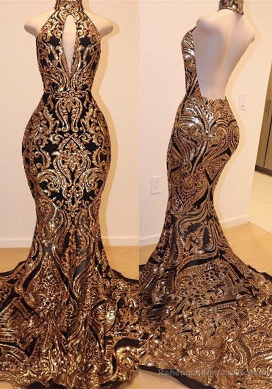 Halter Keyhole Neckline Sequins Appliques Mermaid Prom Dresses