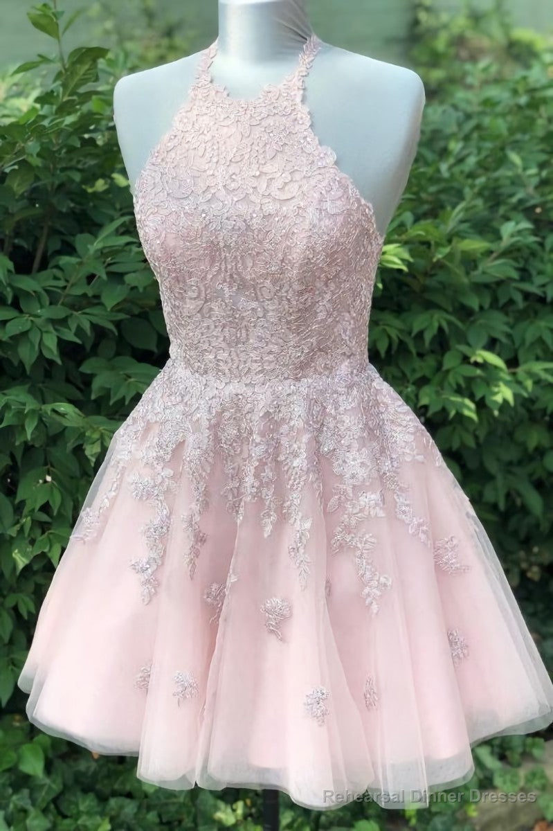 Halter Lace-Up Back Short Pink Lace Homecoming Dress Cocktail Main image