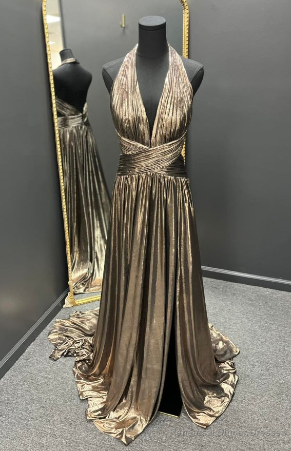Halter Metallic Long Prom Dresses with Slit Skirt Main image