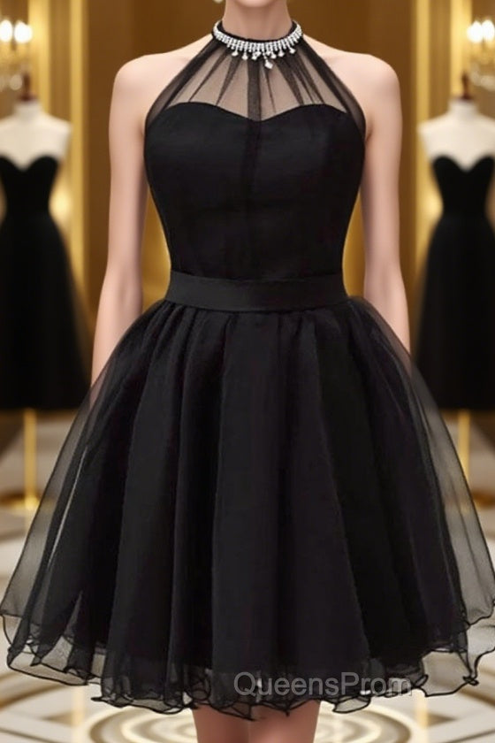 Halter Neck Backless Black Short Evening Prom Dress, Open Back Black Homecoming Dress Main image