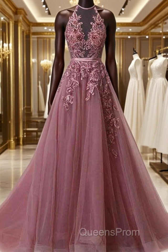 Halter Neck Backless Lace Evening Prom Dress, Open Back Halter Neck Lace Formal Evening Dress Main image