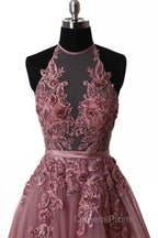 Halter Neck Backless Lace Evening Prom Dress, Open Back Halter Neck Lace Formal Evening Dress