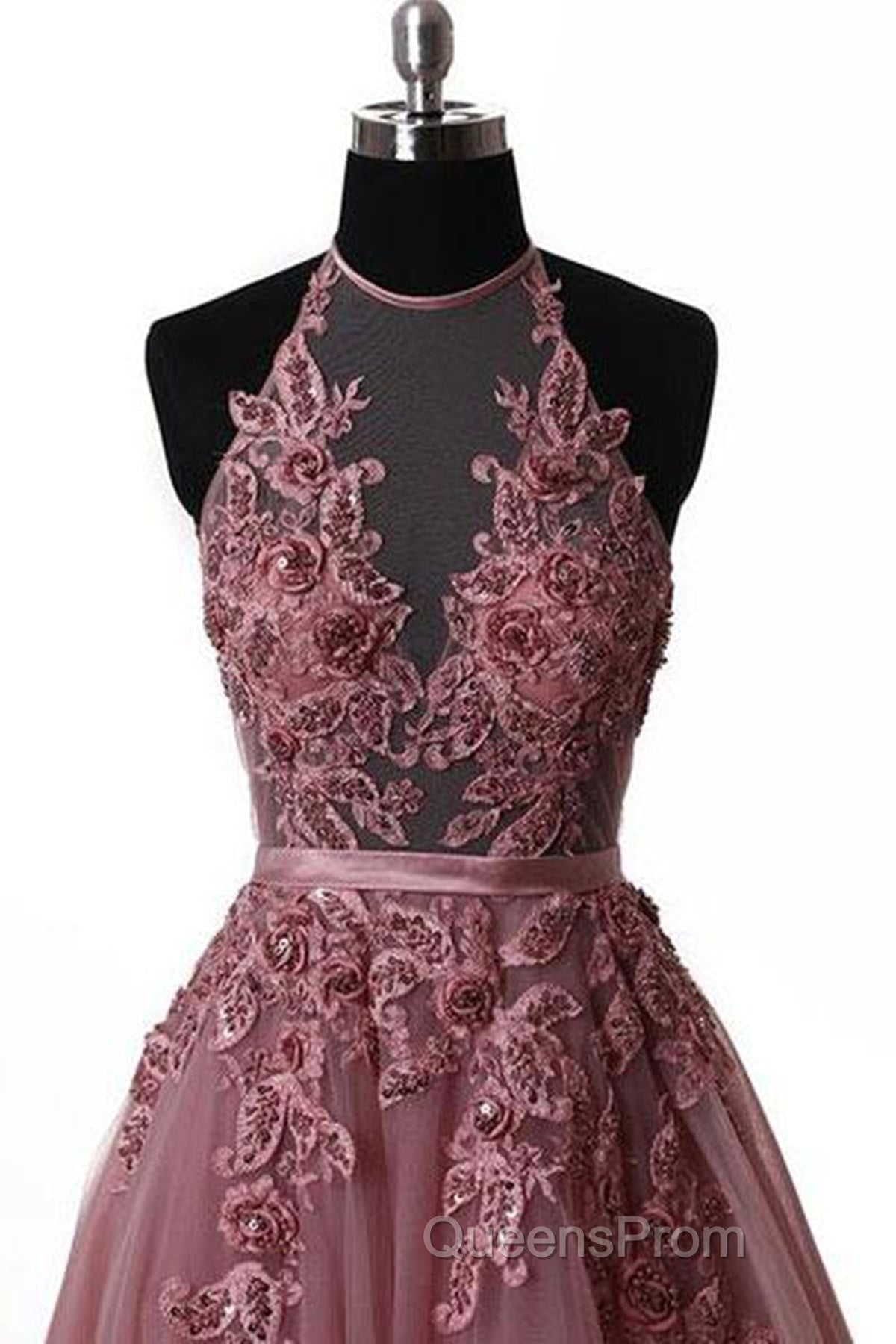 Halter Neck Backless Lace Evening Prom Dress, Open Back Halter Neck Lace Formal Evening Dress