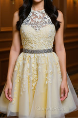Halter Neck Backless Short Yellow Lace Evening Prom Dress, Yellow Lace Formal Graduation Homecoming Dress