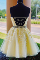 Halter Neck Backless Short Yellow Lace Evening Prom Dress, Yellow Lace Formal Graduation Homecoming Dress