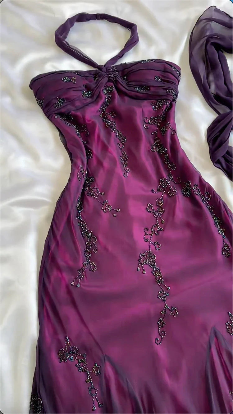 Purple Exquisite Elegant Backless Beaded Long Prom Dress Evening Gown Graduation Dress Main image