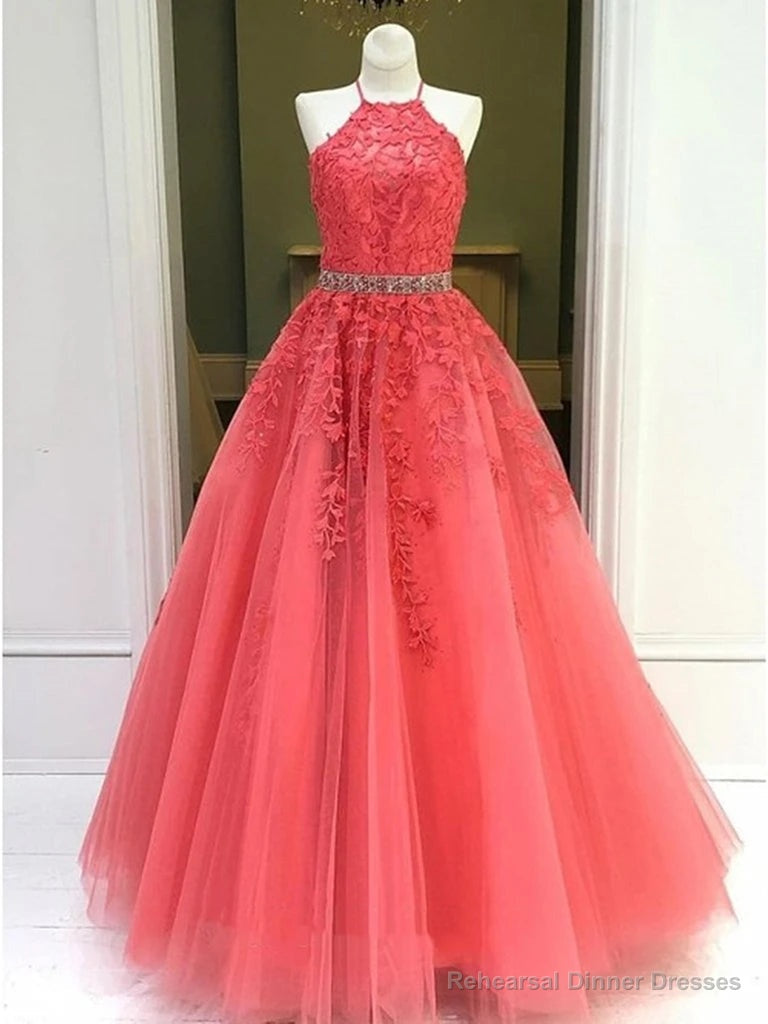Halter Neck Coral Lace Tulle Long Prom Dresses, Halter Neck Coral Lace Formal Evening Dresses Main image