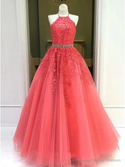 Halter Neck Coral Lace Tulle Long Prom Dresses, Halter Neck Coral Lace Formal Evening Dresses