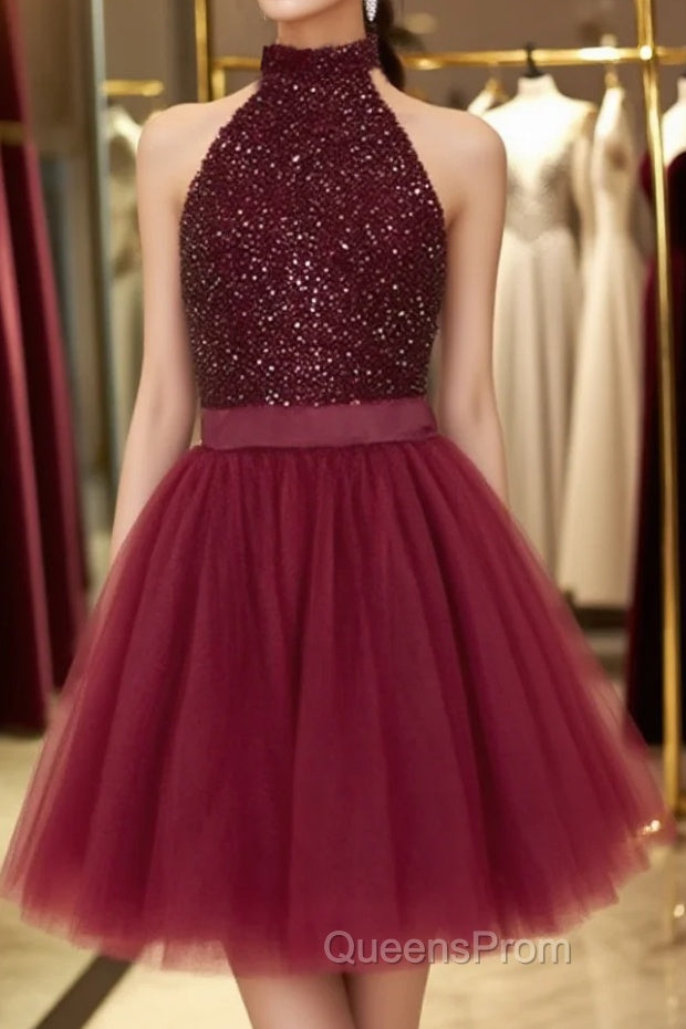 Halter Neck Open Back Beaded Burgundy Evening Prom Dress, Backless Burgundy Homecoming Dress, Short Burgundy Formal Evening Dress Main image
