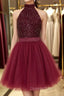 Halter Neck Open Back Beaded Burgundy Evening Prom Dress, Backless Burgundy Homecoming Dress, Short Burgundy Formal Evening Dress